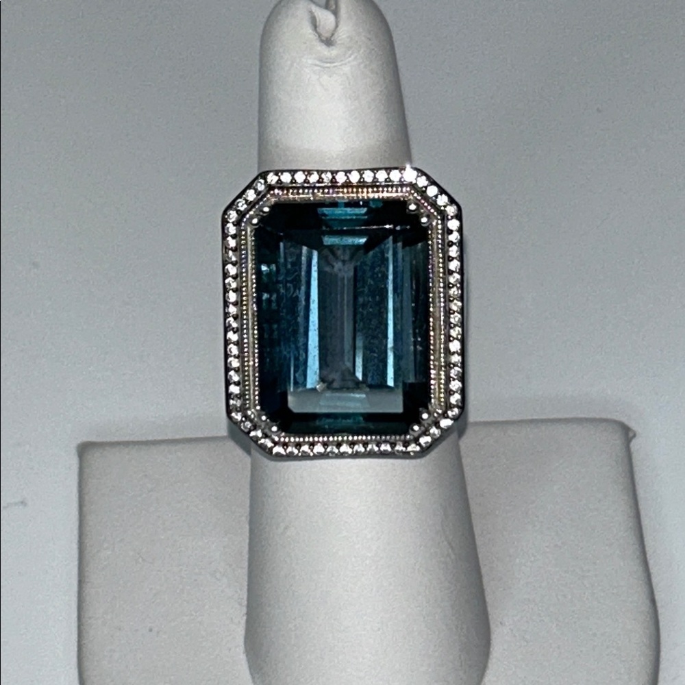 NWOT Genuine Square London Blue Topaz White Topaz Halo  Gemstone Designer Ring - Picture 2 of 9